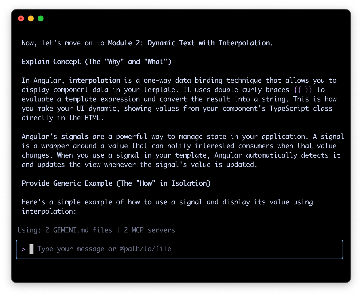 A screenshot of the Angular AI Tutor presenting a brief concept explanation.