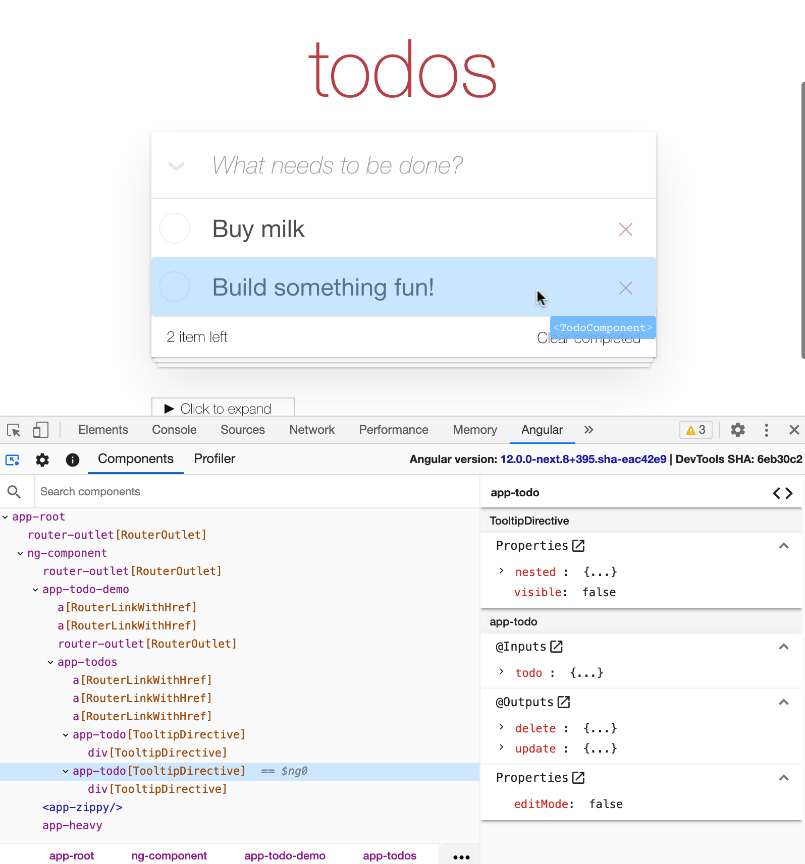 A screenshot of the 'Components' tab with an Angular todo application visible. In the very top-left corner of Angular DevTools, an icon of a screen with a mouse icon inside it is selected. The mouse rests on a todo element in the Angular application UI. The element is highlighted with a `<TodoComponent>` label displayed in an adjacent tooltip.