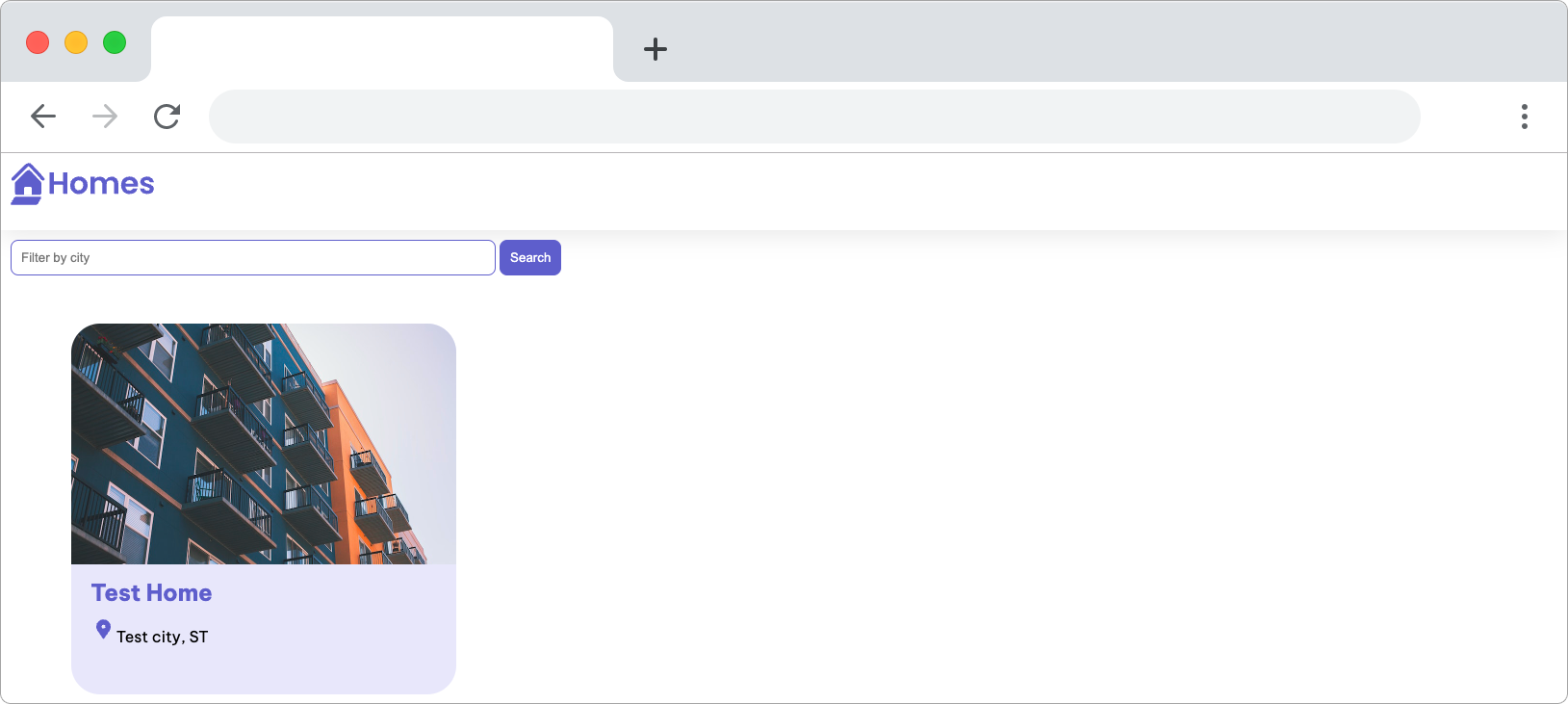 browser frame of homes-app displaying logo, filter text input box, search button and the same housing location UI card